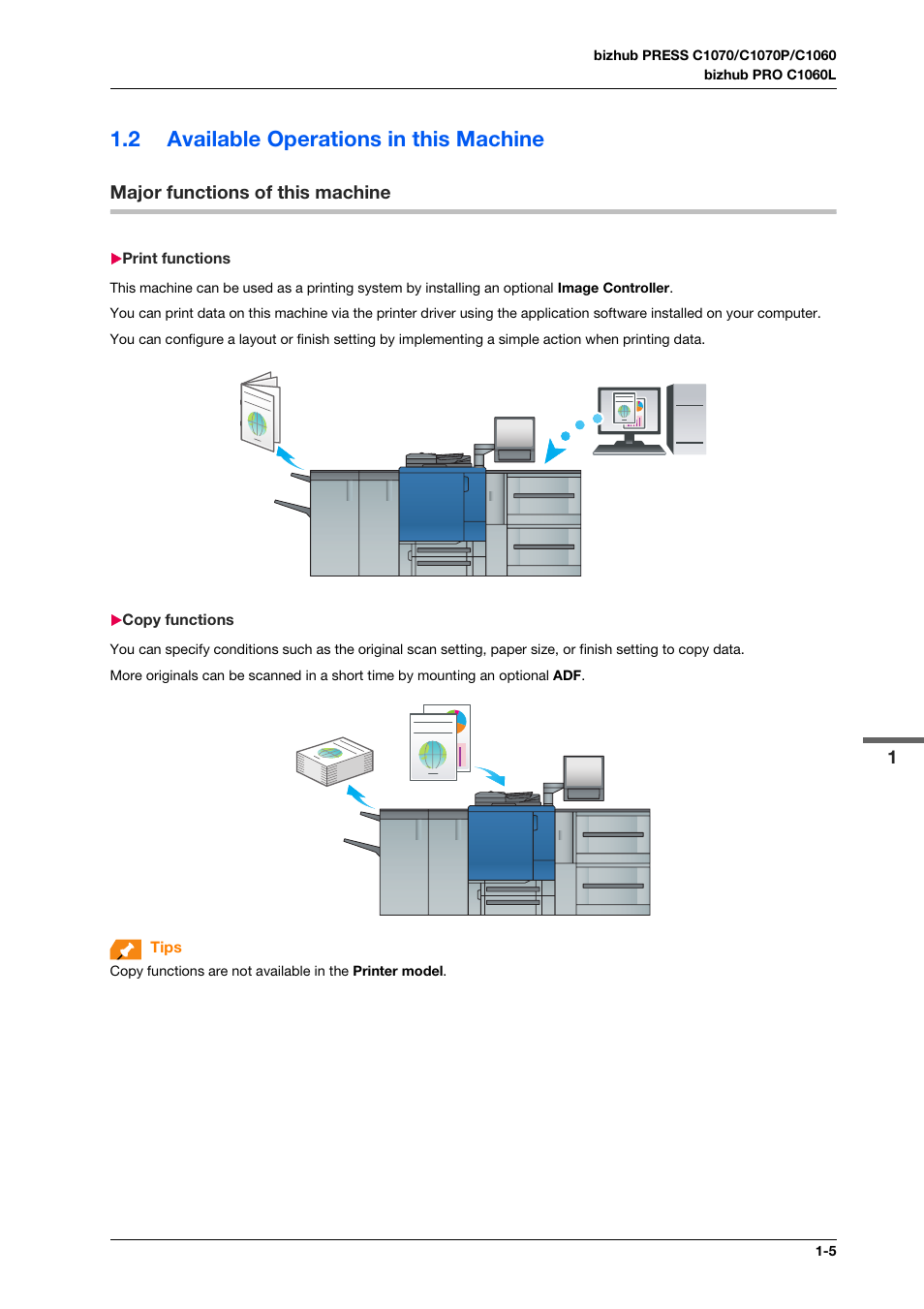 2 available operations in this machine, Major functions of this machine, Print functions | Copy functions, Available operations in this machine -5, Major functions of this machine -5, Print functions -5 copy functions -5 | Konica Minolta bizhub PRO C1060L User Manual | Page 17 / 143