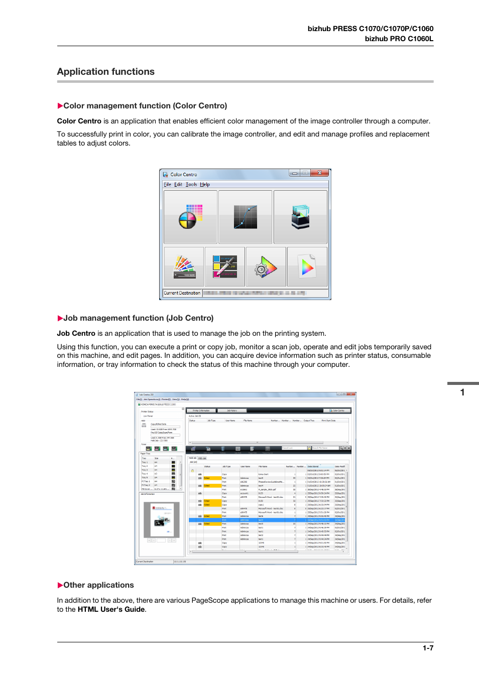 Application functions, Color management function (color centro), Job management function (job centro) | Other applications, Application functions -7 | Konica Minolta bizhub PRO C1060L User Manual | Page 19 / 143