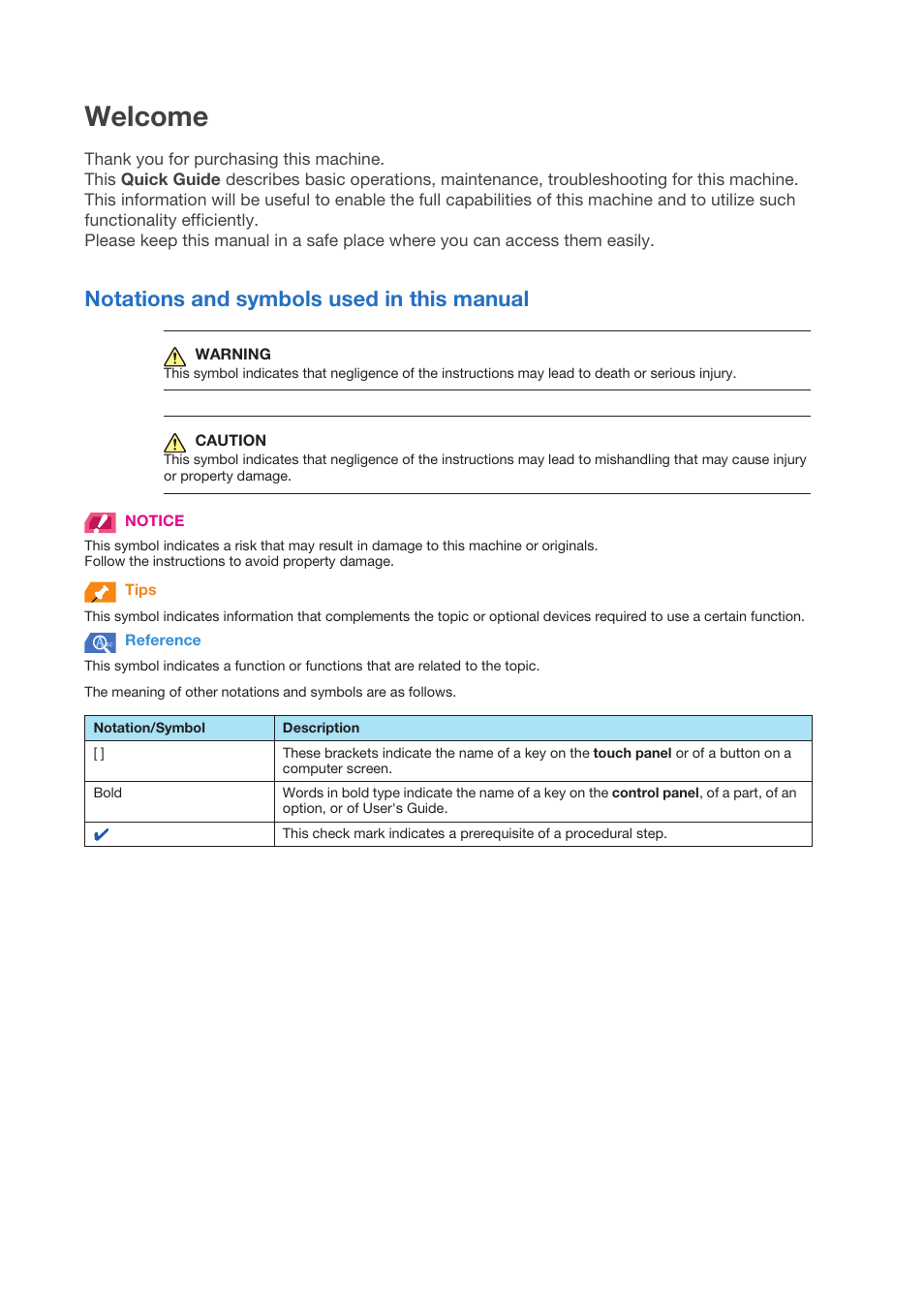 Welcome, Notations and symbols used in this manual | Konica Minolta bizhub PRO C1060L User Manual | Page 2 / 143