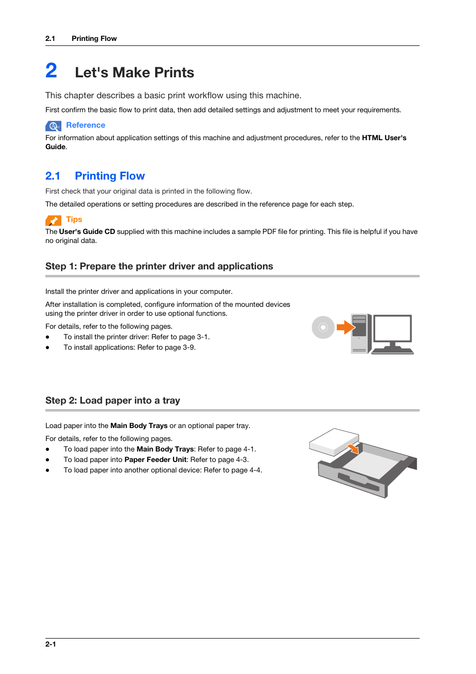 2 let's make prints, 1 printing flow, Step 2: load paper into a tray | Let's make prints, Printing flow -1, Step 2: load paper into a tray -1 | Konica Minolta bizhub PRO C1060L User Manual | Page 20 / 143