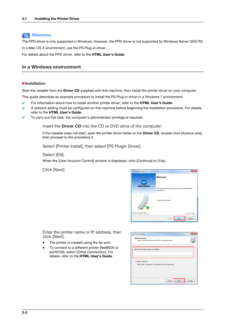 In a windows environment, Installation, In a windows environment -2 | Installation -2 | Konica Minolta bizhub PRO C1060L User Manual | Page 24 / 143