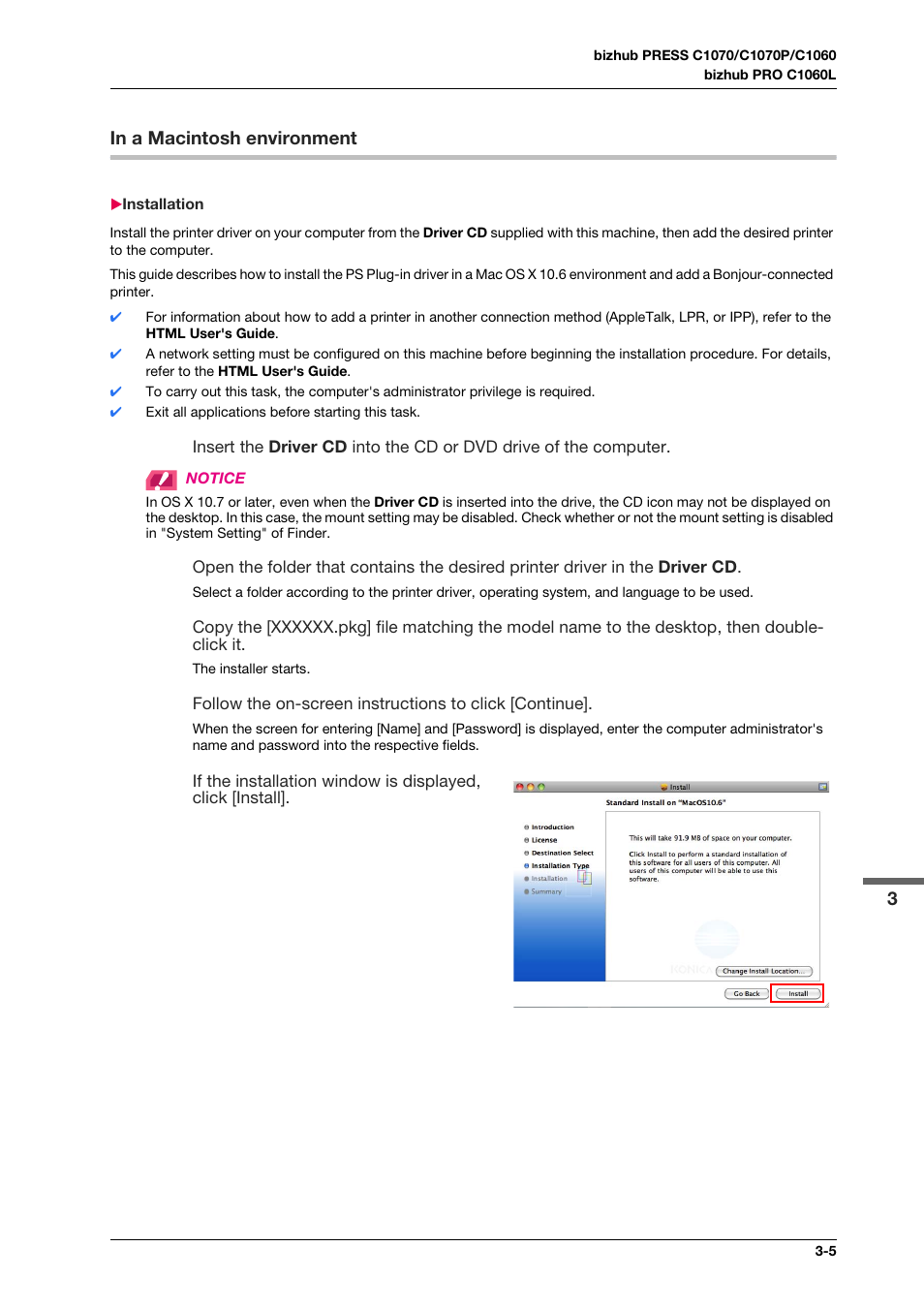 In a macintosh environment, Installation, In a macintosh environment -5 | Installation -5 | Konica Minolta bizhub PRO C1060L User Manual | Page 27 / 143