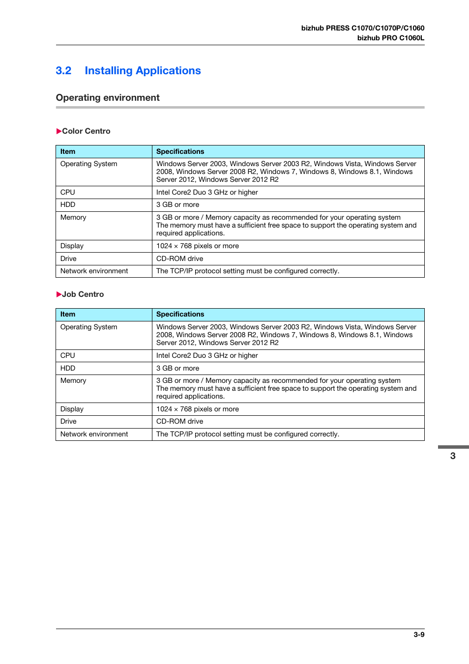 2 installing applications, Operating environment, Color centro | Job centro, Installing applications -9, Operating environment -9, Color centro -9 job centro -9 | Konica Minolta bizhub PRO C1060L User Manual | Page 31 / 143