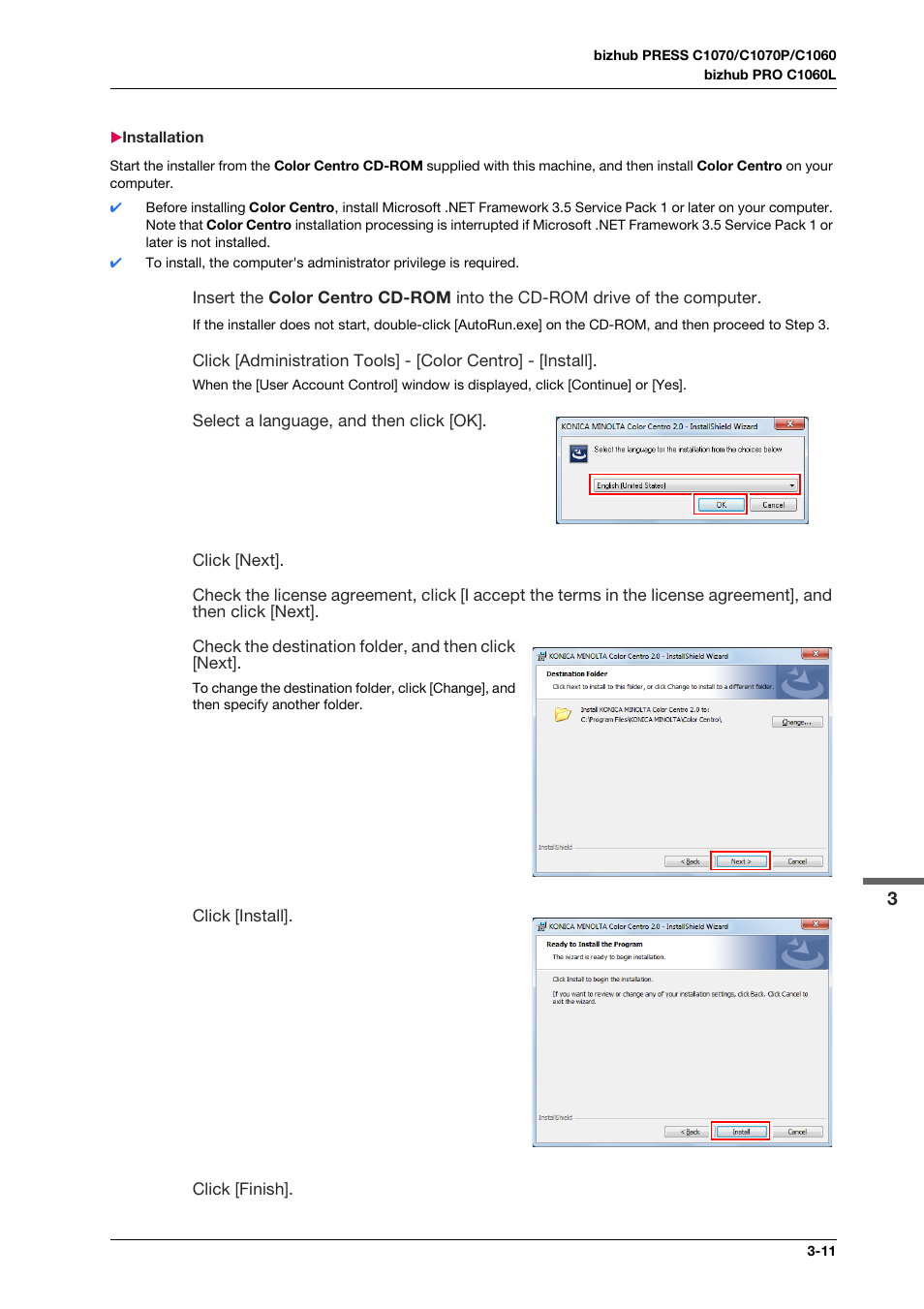 Installation, Installation -11 | Konica Minolta bizhub PRO C1060L User Manual | Page 33 / 143