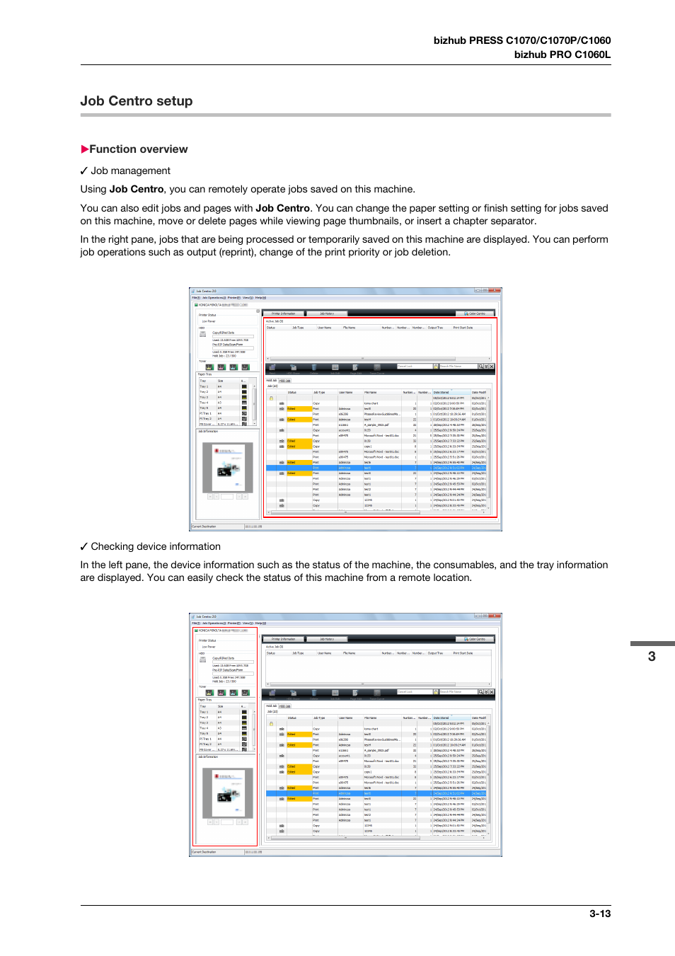 Job centro setup, Function overview, Job centro setup -13 | Function overview -13 | Konica Minolta bizhub PRO C1060L User Manual | Page 35 / 143