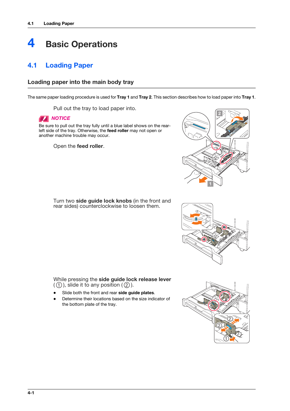 4 basic operations, 1 loading paper, Loading paper into the main body tray | Basic operations, Loading paper -1, Loading paper into the main body tray -1 | Konica Minolta bizhub PRO C1060L User Manual | Page 38 / 143