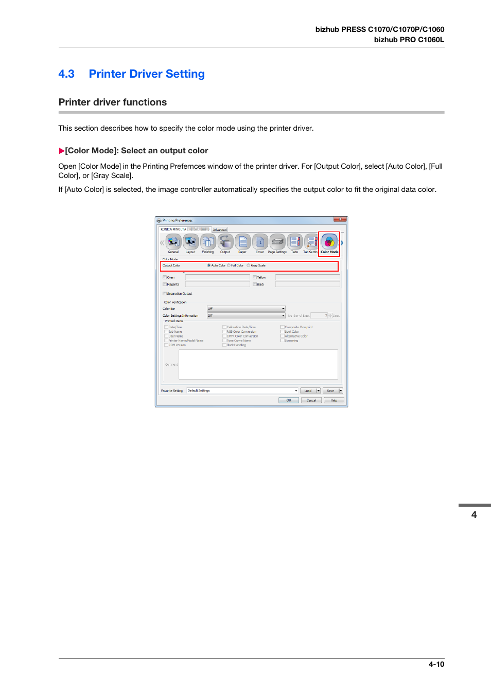 3 printer driver setting, Printer driver functions, Color mode]: select an output color | Printer driver setting -10, Printer driver functions -10, Color mode]: select an output color -10 | Konica Minolta bizhub PRO C1060L User Manual | Page 47 / 143