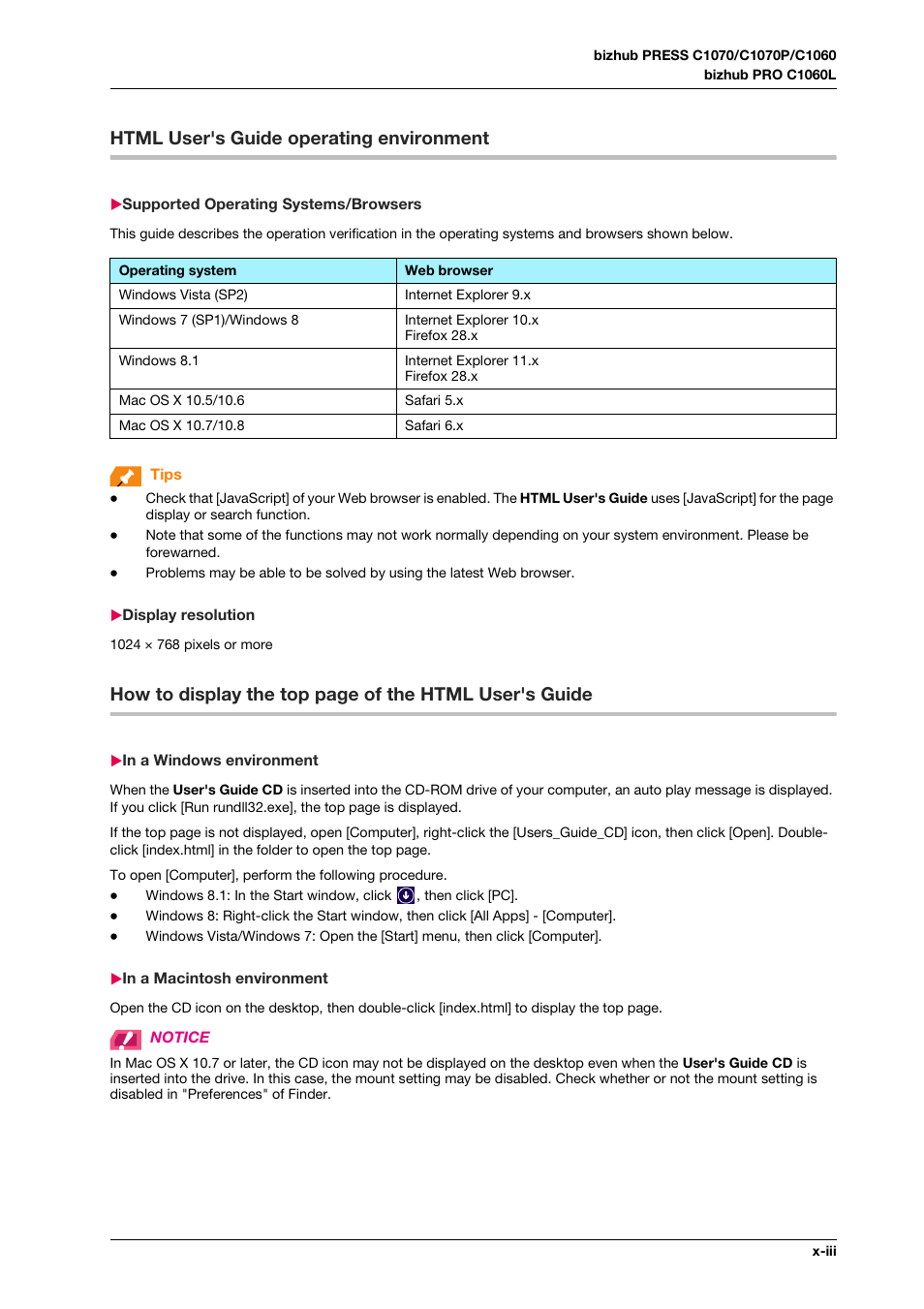 Html user's guide operating environment, Supported operating systems/browsers, Display resolution | In a windows environment, In a macintosh environment | Konica Minolta bizhub PRO C1060L User Manual | Page 5 / 143