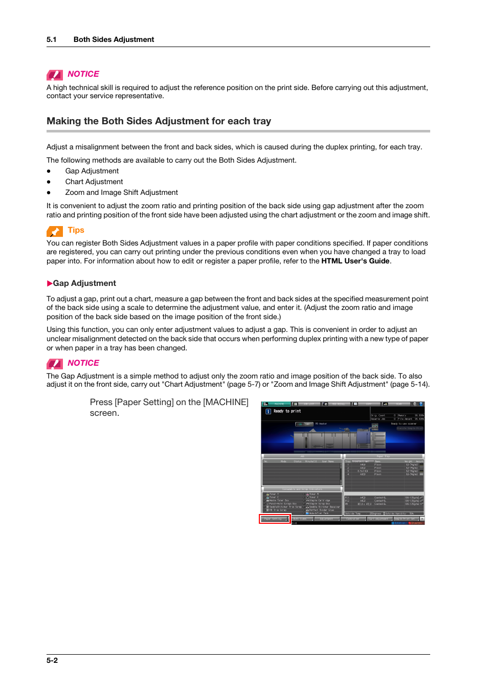 Making the both sides adjustment for each tray, Gap adjustment, Making the both sides adjustment for each tray -2 | Gap adjustment -2 | Konica Minolta bizhub PRO C1060L User Manual | Page 52 / 143