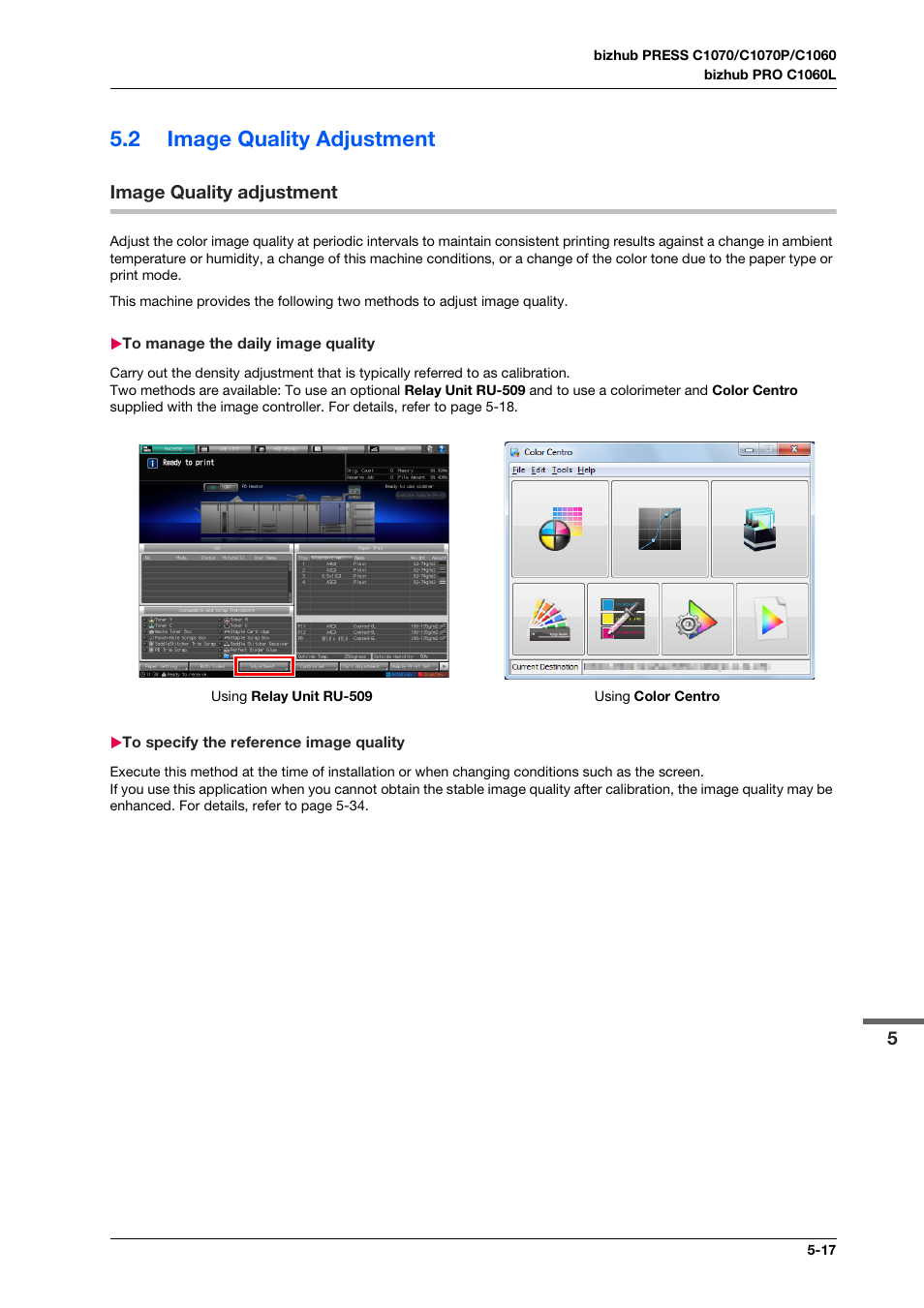 2 image quality adjustment, Image quality adjustment, To manage the daily image quality | To specify the reference image quality, Image quality adjustment -17 | Konica Minolta bizhub PRO C1060L User Manual | Page 67 / 143