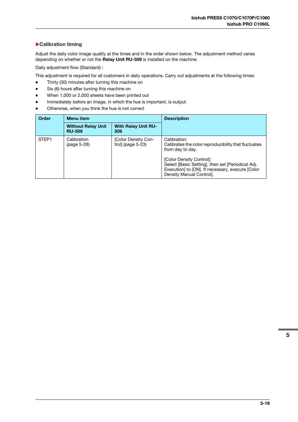 Calibration timing, Calibration timing -19 | Konica Minolta bizhub PRO C1060L User Manual | Page 69 / 143