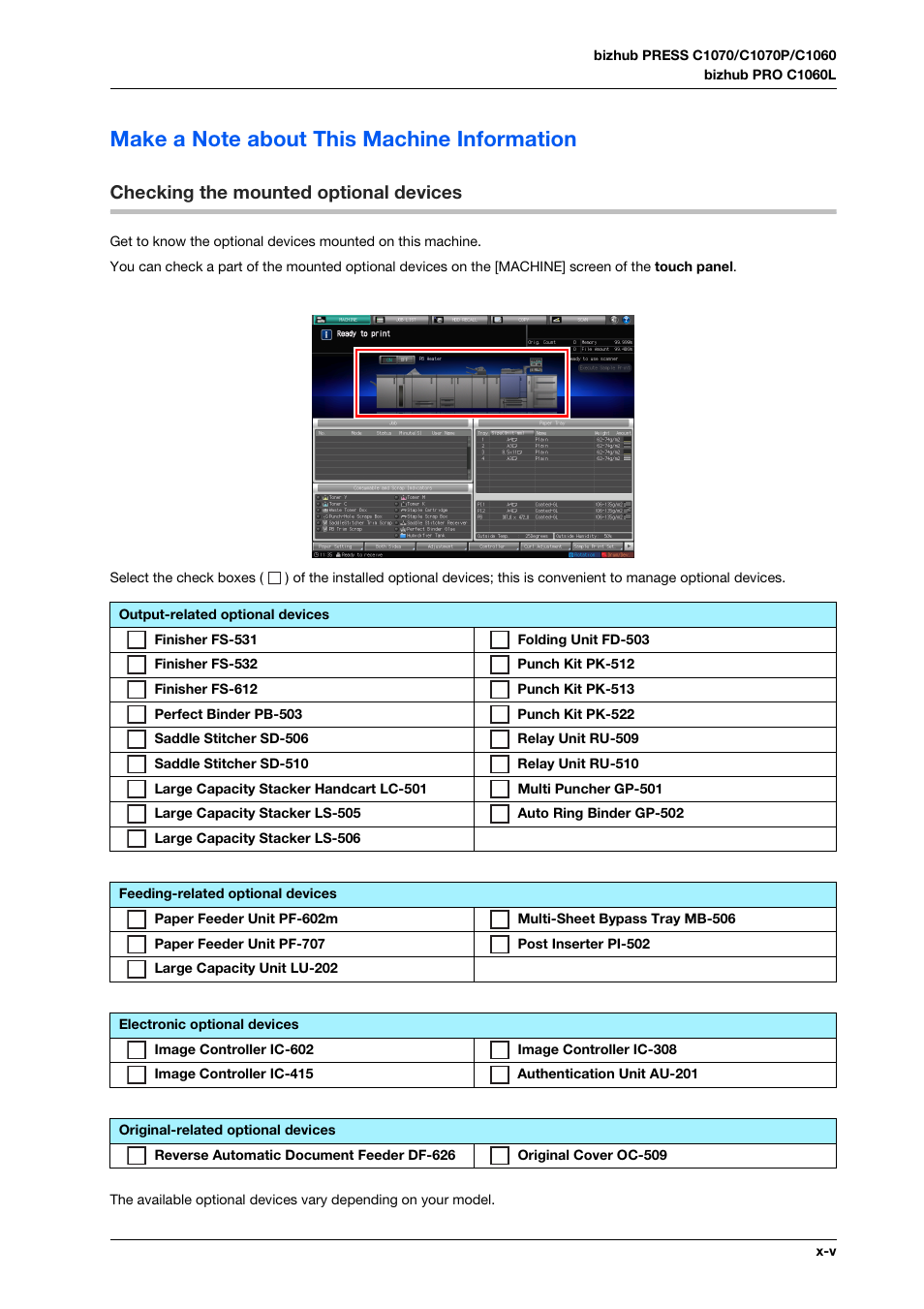 Make a note about this machine information, Checking the mounted optional devices | Konica Minolta bizhub PRO C1060L User Manual | Page 7 / 143