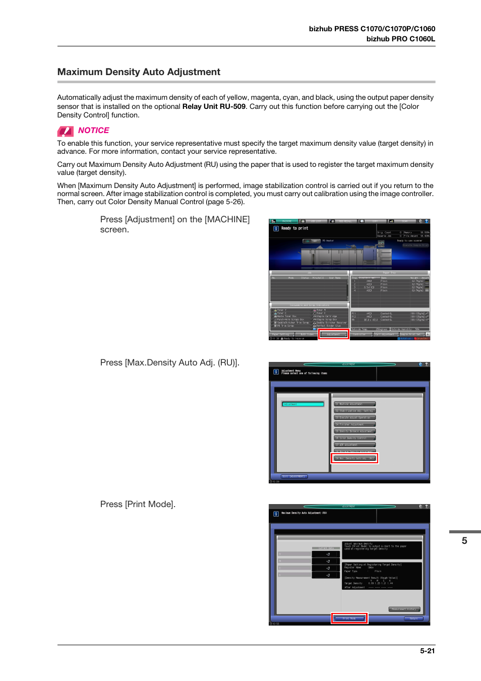 Maximum density auto adjustment, Maximum density auto adjustment -21 | Konica Minolta bizhub PRO C1060L User Manual | Page 71 / 143