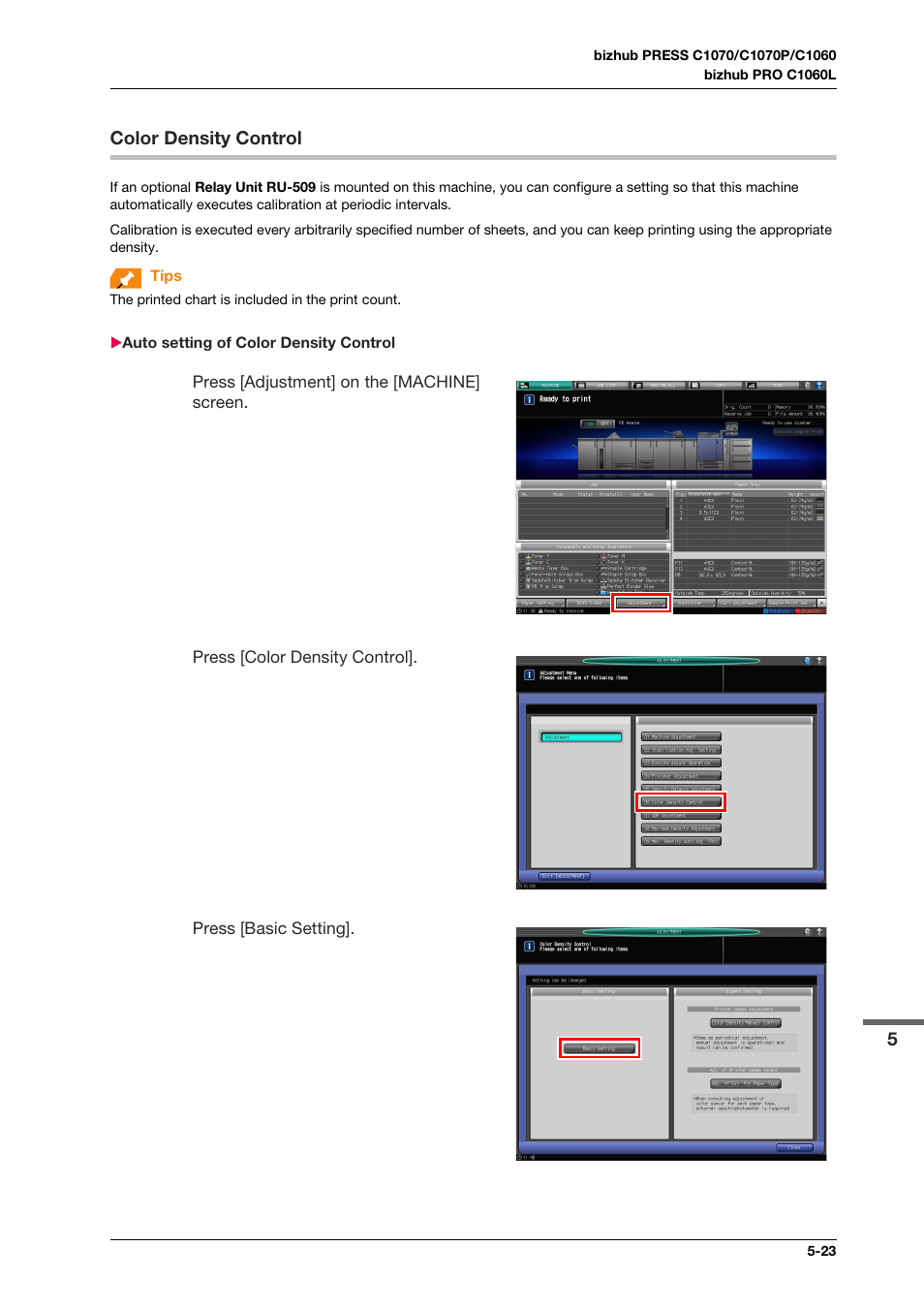 Color density control, Auto setting of color density control, Color density control -23 | Auto setting of color density control -23 | Konica Minolta bizhub PRO C1060L User Manual | Page 73 / 143