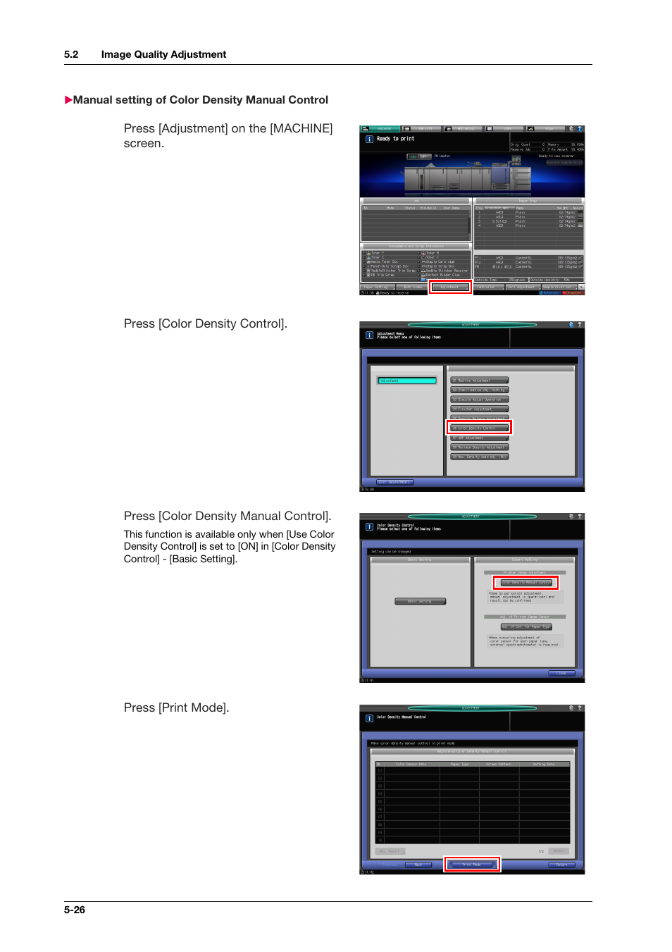 Manual setting of color density manual control, Manual setting of color density manual control -26 | Konica Minolta bizhub PRO C1060L User Manual | Page 76 / 143