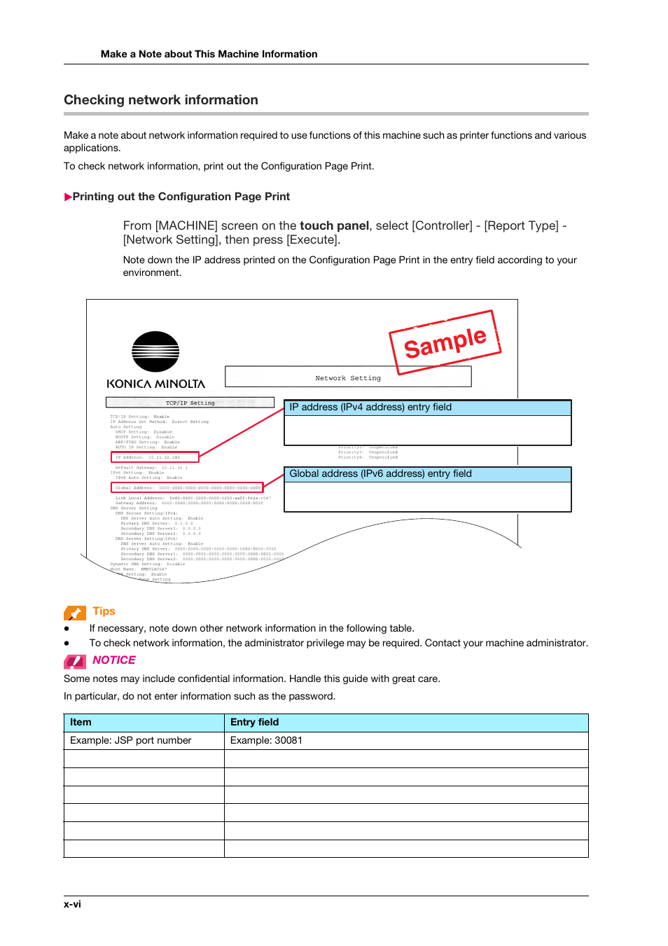 Checking network information, Sample | Konica Minolta bizhub PRO C1060L User Manual | Page 8 / 143