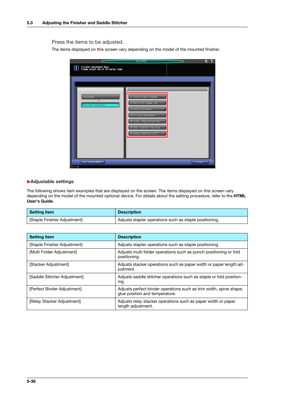 Adjustable settings, Adjustable settings -36 | Konica Minolta bizhub PRO C1060L User Manual | Page 86 / 143