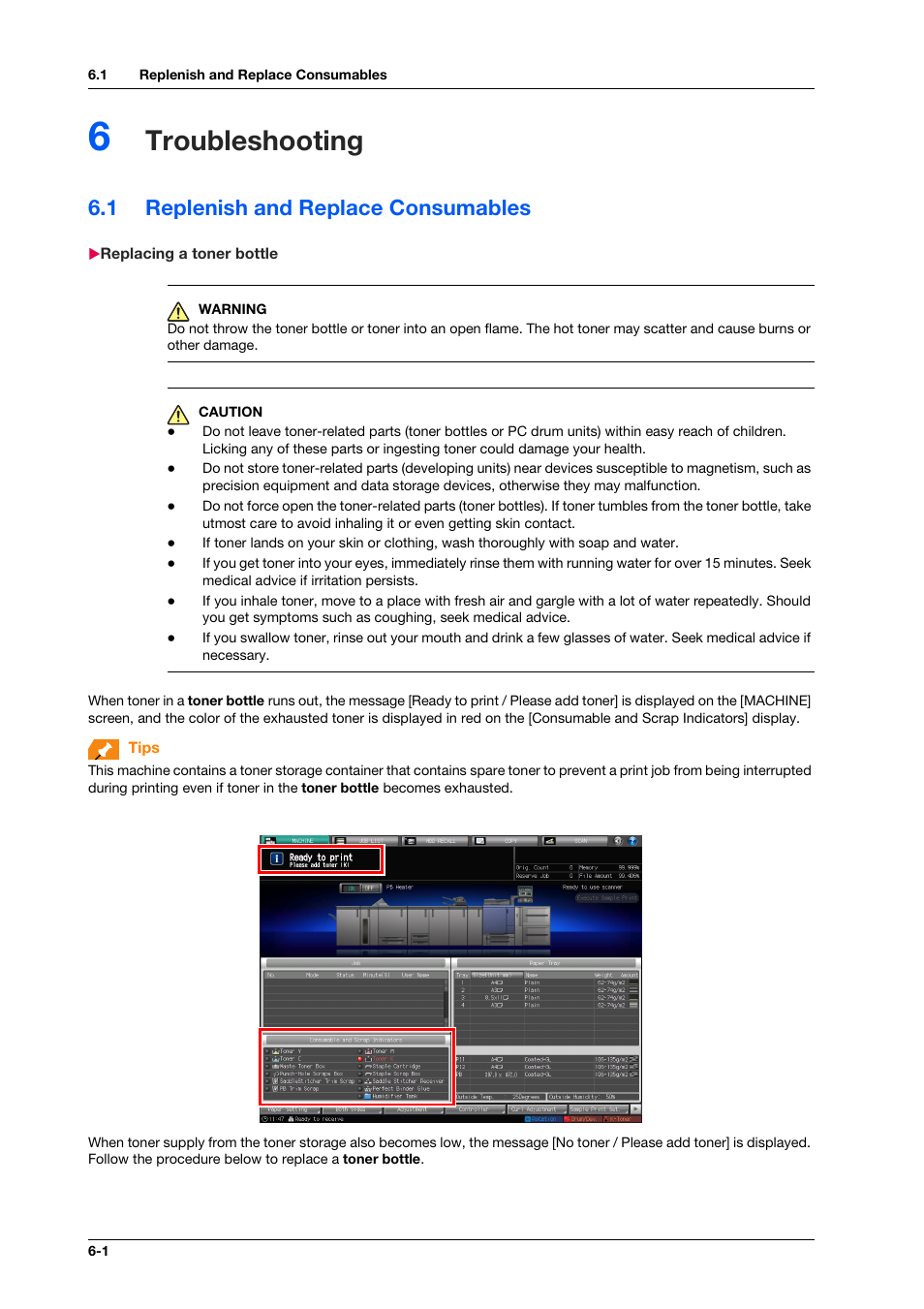 6 troubleshooting, 1 replenish and replace consumables, Replacing a toner bottle | Troubleshooting, Replenish and replace consumables -1, Replacing a toner bottle -1 | Konica Minolta bizhub PRO C1060L User Manual | Page 88 / 143