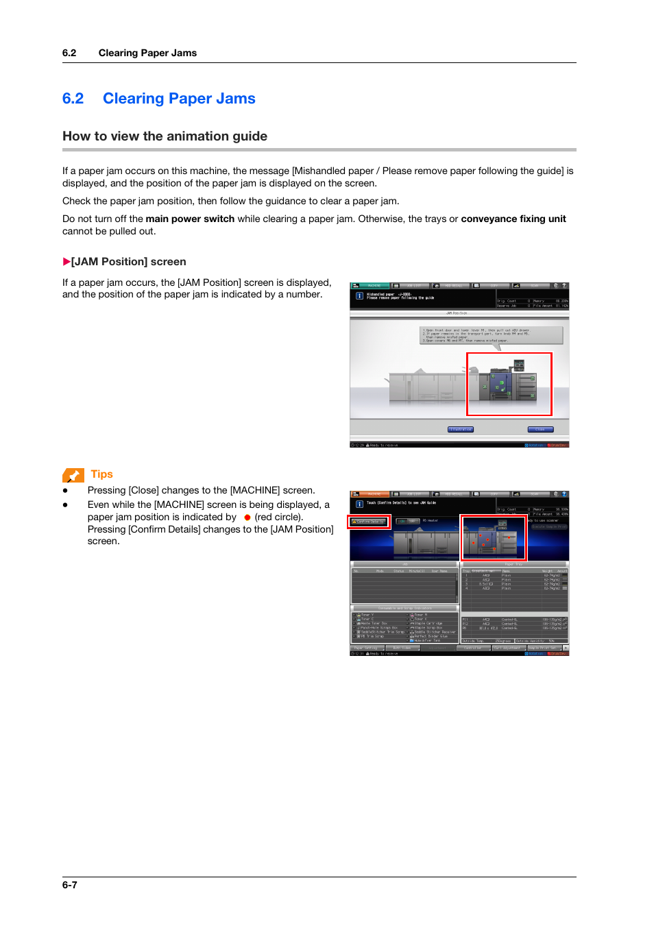 2 clearing paper jams, How to view the animation guide, Jam position] screen | Clearing paper jams -7, How to view the animation guide -7, Jam position] screen -7 | Konica Minolta bizhub PRO C1060L User Manual | Page 94 / 143