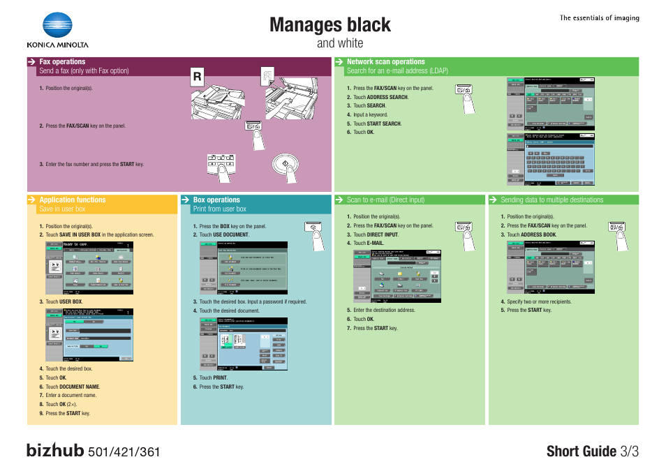 Manages black, Short guide 3/3, And white | Konica Minolta bizhub 421 User Manual | Page 3 / 3