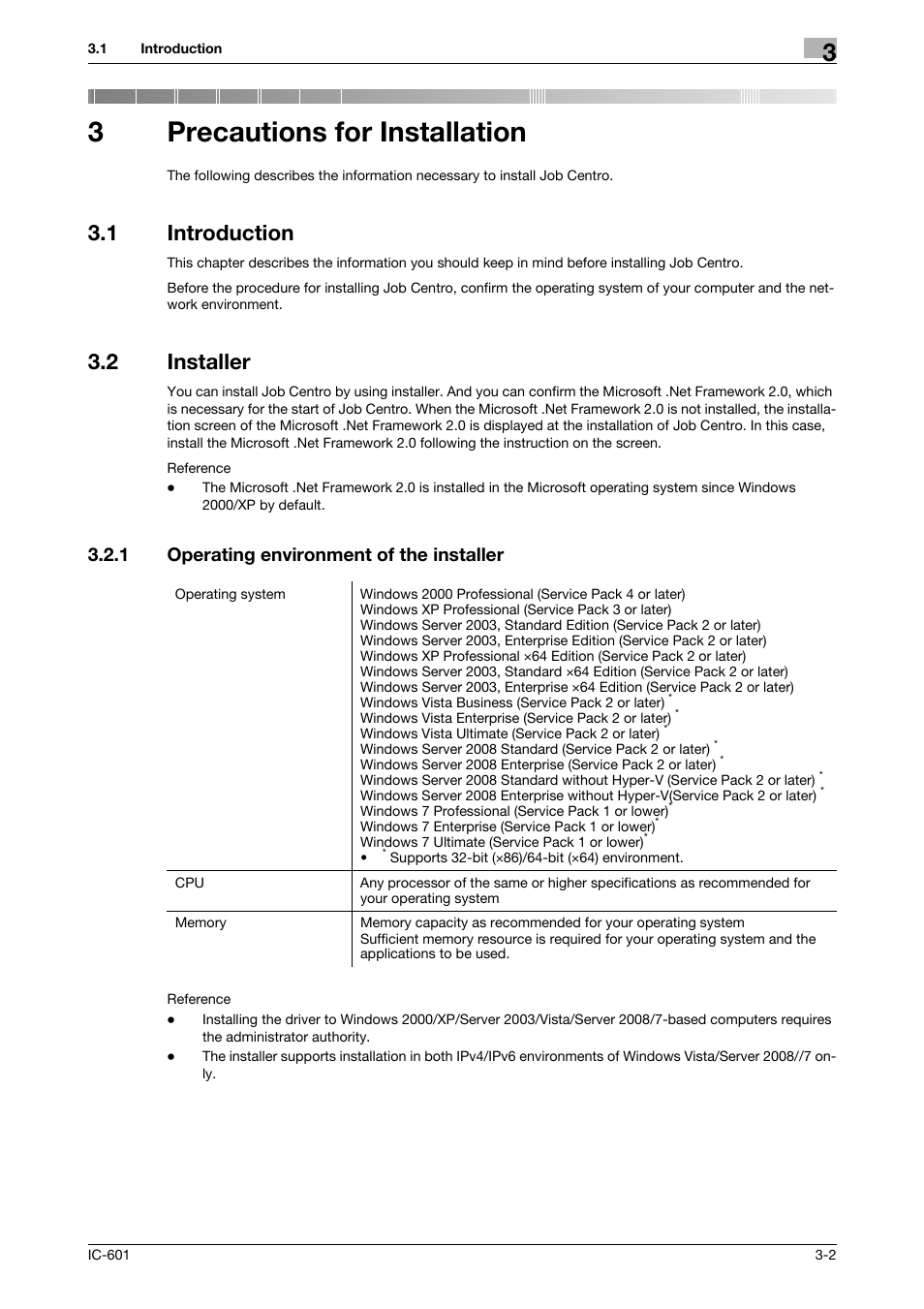 3 precautions for installation, 1 introduction, 2 installer | 1 operating environment of the installer, Precautions for installation, Introduction -2, Installer -2, Operating environment of the installer -2, 3precautions for installation | Konica Minolta bizhub PRESS C7000P User Manual | Page 18 / 105