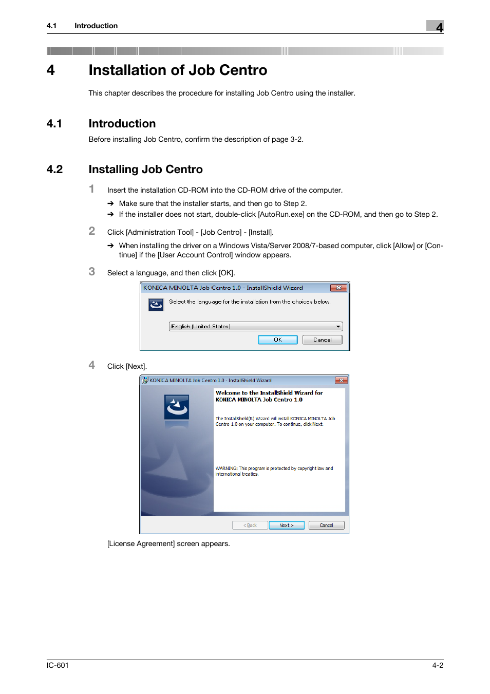 4 installation of job centro, 1 introduction, 2 installing job centro | Installation of job centro, Introduction -2, Installing job centro -2, 4installation of job centro, 2 installing job centro 1 | Konica Minolta bizhub PRESS C7000P User Manual | Page 21 / 105