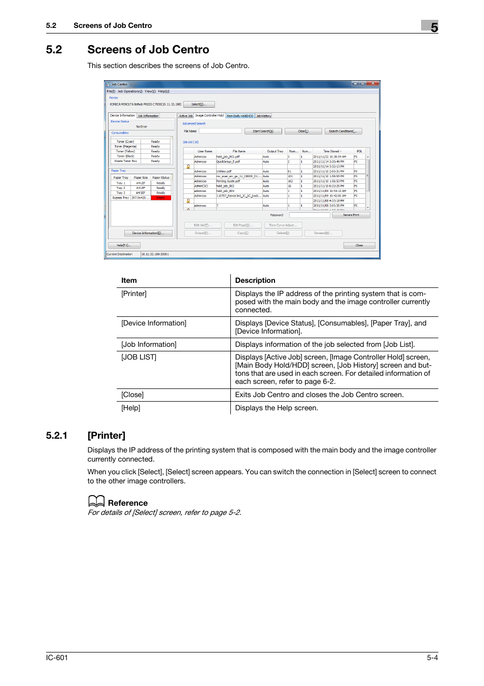 2 screens of job centro, 1 [printer, Screens of job centro -4 | Printer] -4 | Konica Minolta bizhub PRESS C7000P User Manual | Page 27 / 105