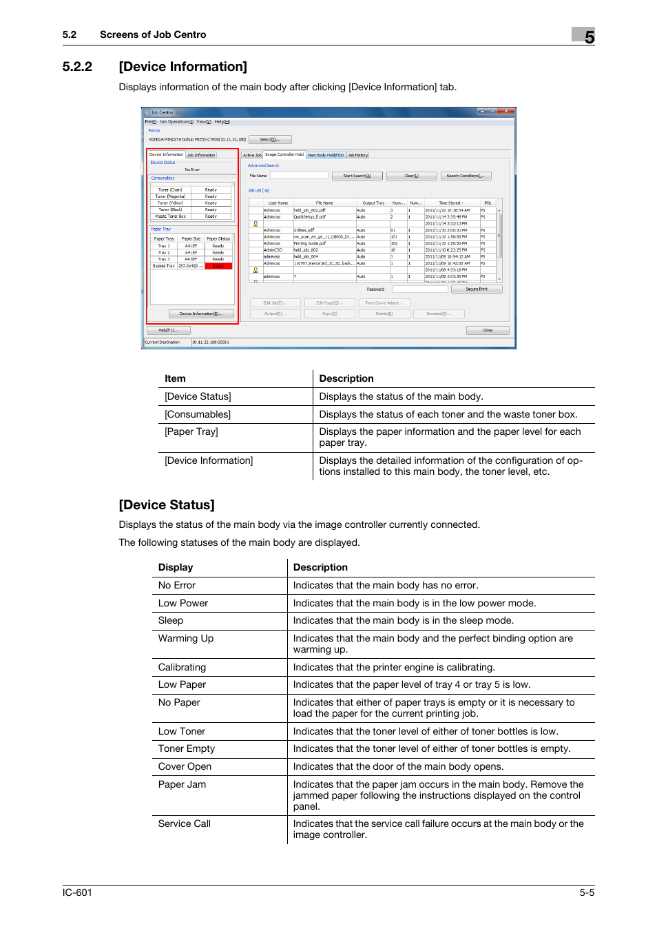 2 [device information, Device status, Device information] -5 [device status] -5 | Konica Minolta bizhub PRESS C7000P User Manual | Page 28 / 105