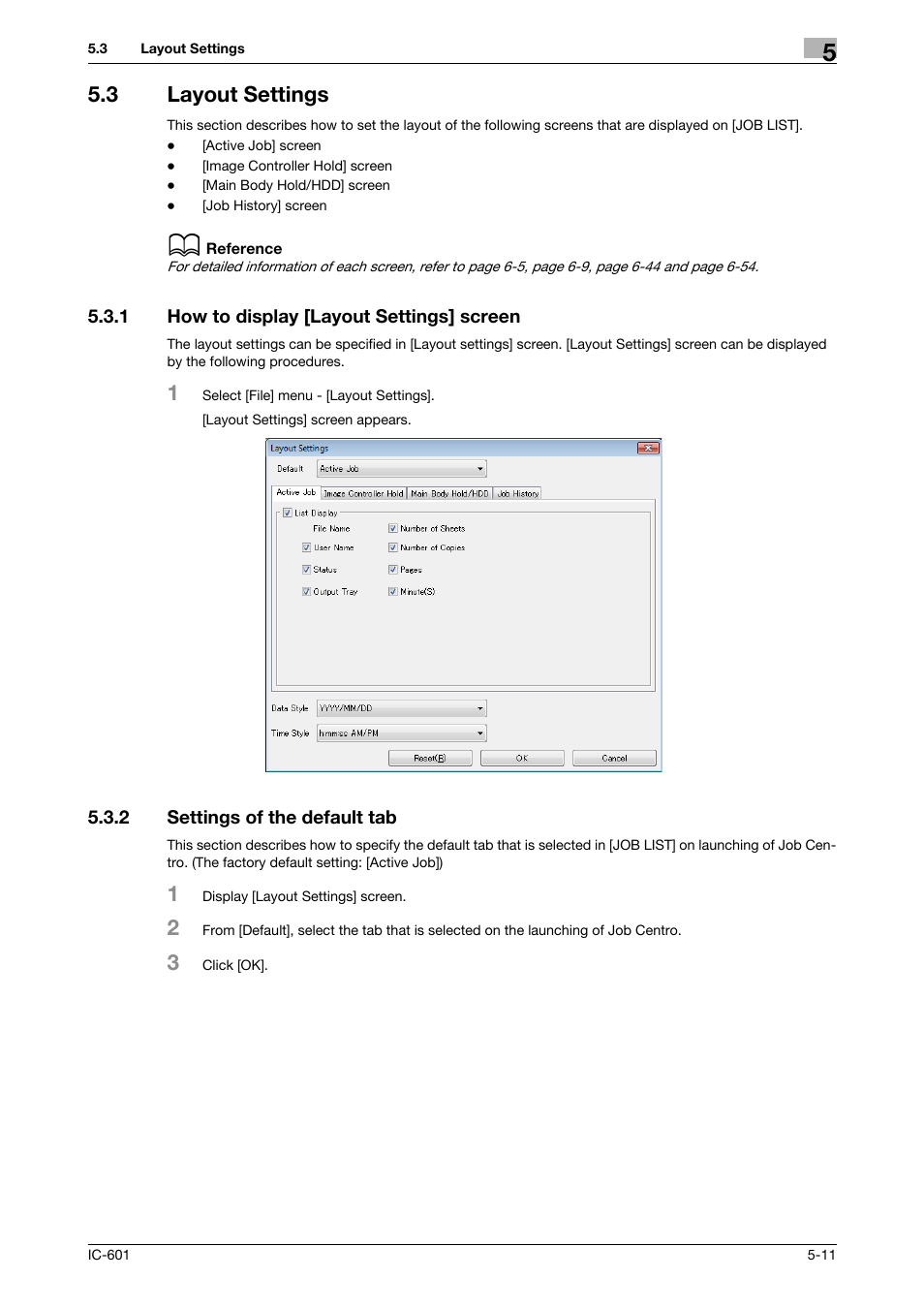 3 layout settings, 1 how to display [layout settings] screen, 2 settings of the default tab | Layout settings -11, How to display [layout settings] screen -11, Settings of the default tab -11 | Konica Minolta bizhub PRESS C7000P User Manual | Page 34 / 105