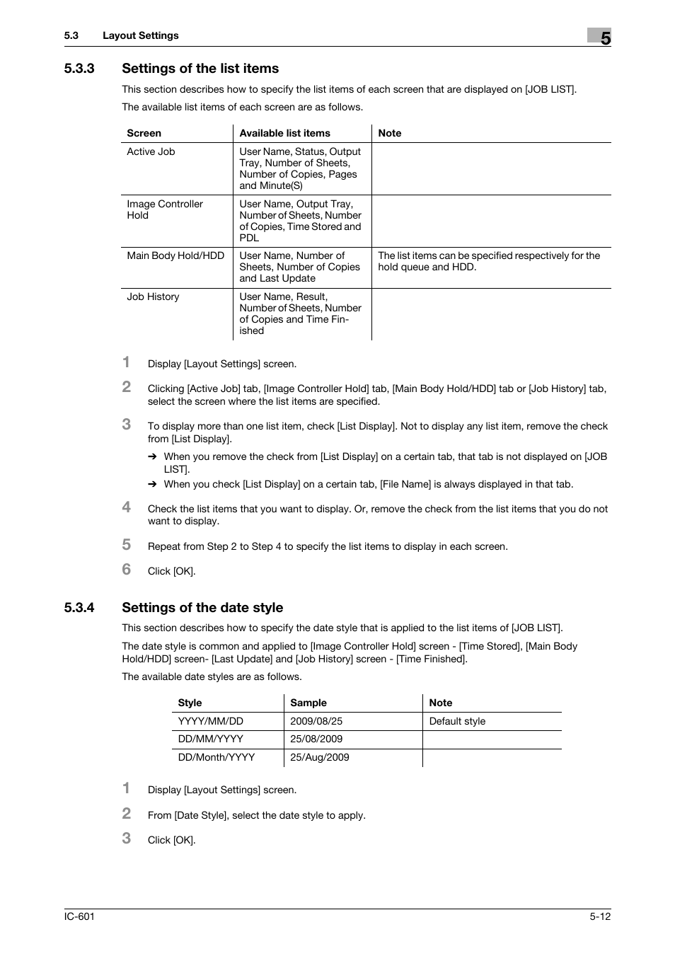 3 settings of the list items, 4 settings of the date style, Settings of the list items -12 | Settings of the date style -12 | Konica Minolta bizhub PRESS C7000P User Manual | Page 35 / 105
