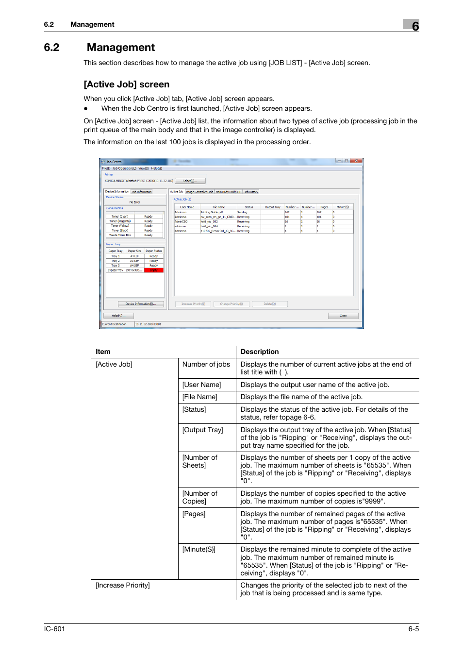 2 management, Active job] screen, Management -5 [active job] screen -5 | Konica Minolta bizhub PRESS C7000P User Manual | Page 42 / 105