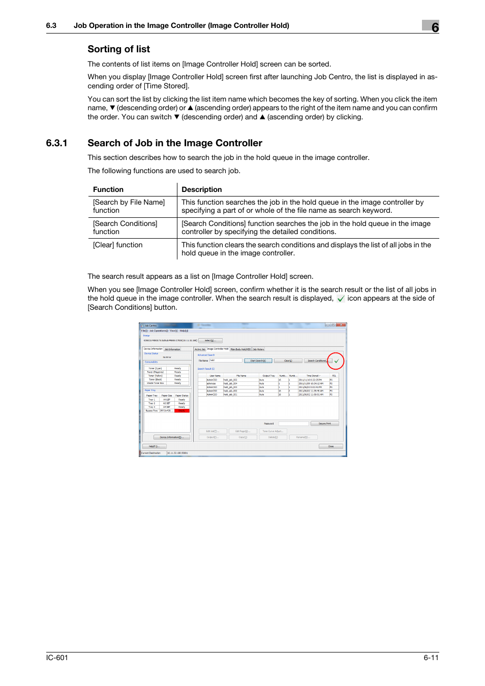 Sorting of list, 1 search of job in the image controller, Sorting of list -11 | Search of job in the image controller -11 | Konica Minolta bizhub PRESS C7000P User Manual | Page 49 / 105