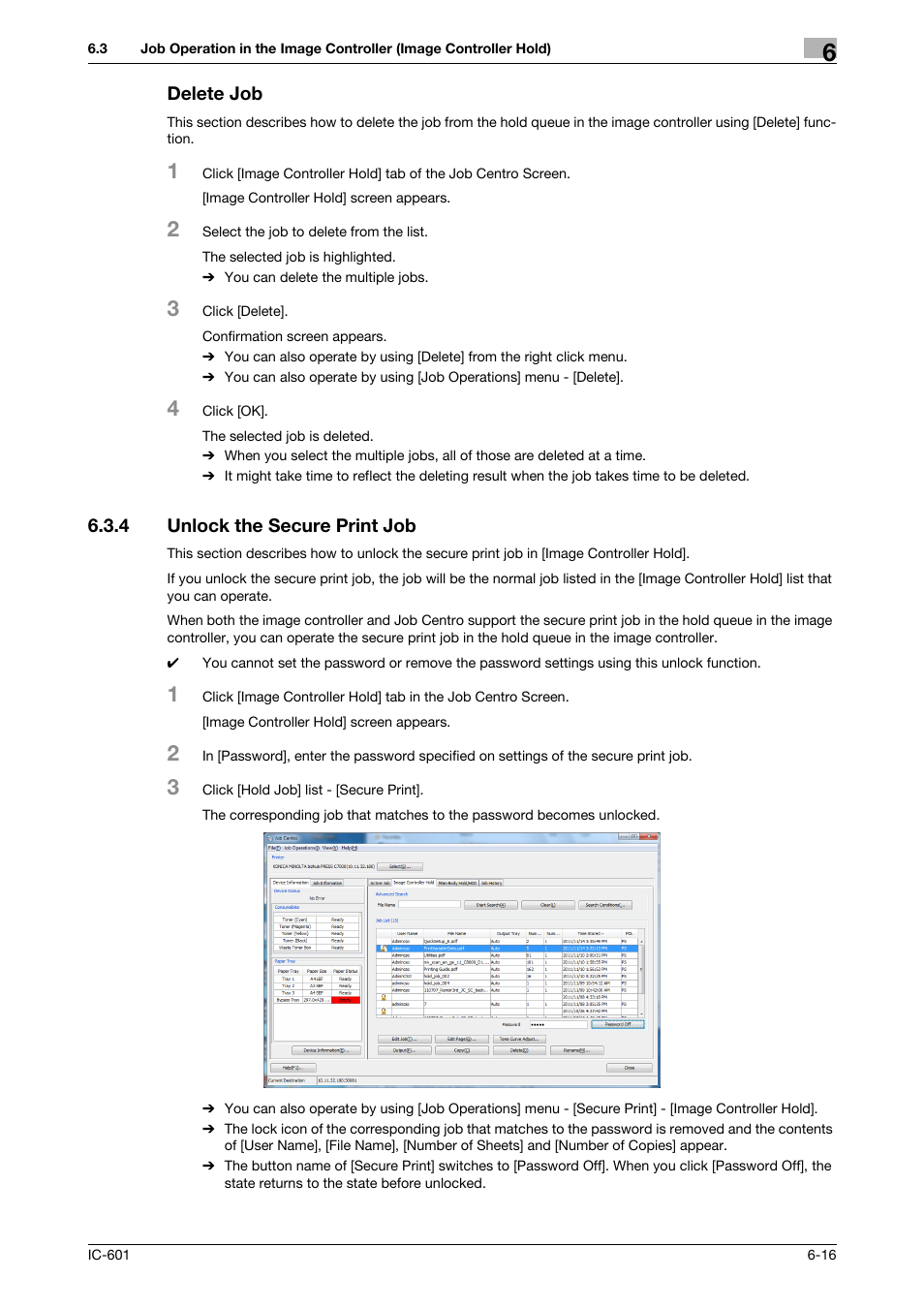 Delete job, 4 unlock the secure print job, Delete job -16 | Unlock the secure print job -16 | Konica Minolta bizhub PRESS C7000P User Manual | Page 54 / 105