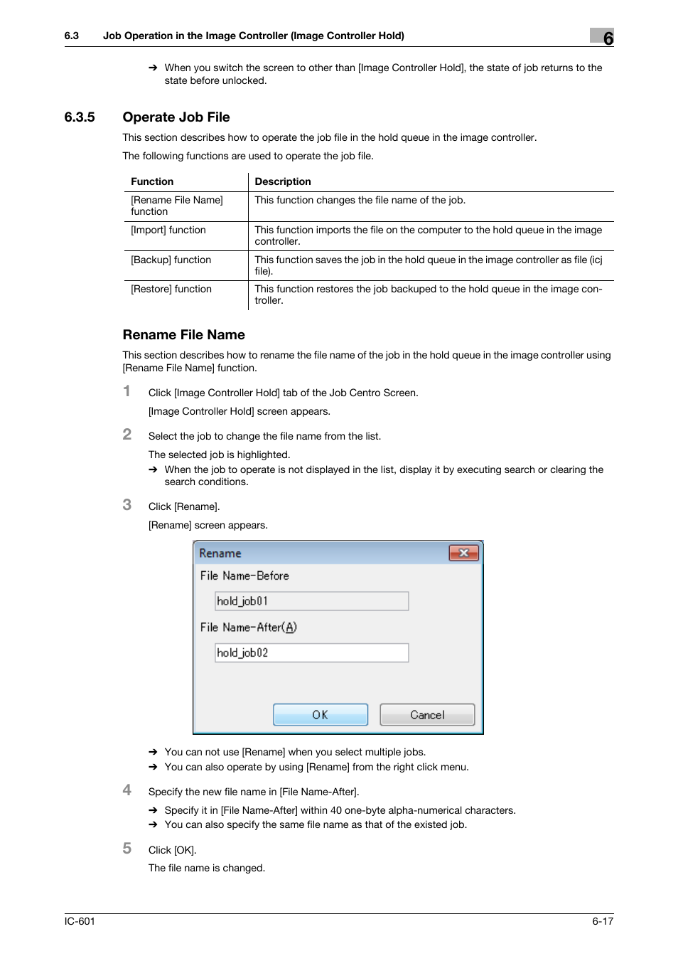 5 operate job file, Rename file name, Operate job file -17 rename file name -17 | Konica Minolta bizhub PRESS C7000P User Manual | Page 55 / 105