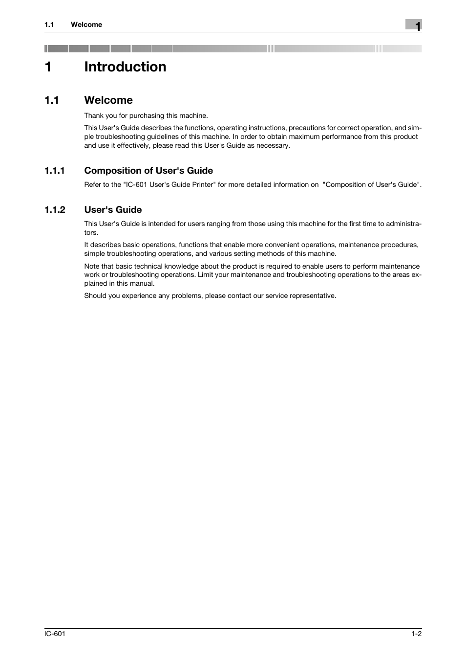 1 introduction, 1 welcome, 1 composition of user's guide | 2 user's guide, Introduction, Welcome -2, Composition of user's guide -2, User's guide -2, 1introduction | Konica Minolta bizhub PRESS C7000P User Manual | Page 6 / 105