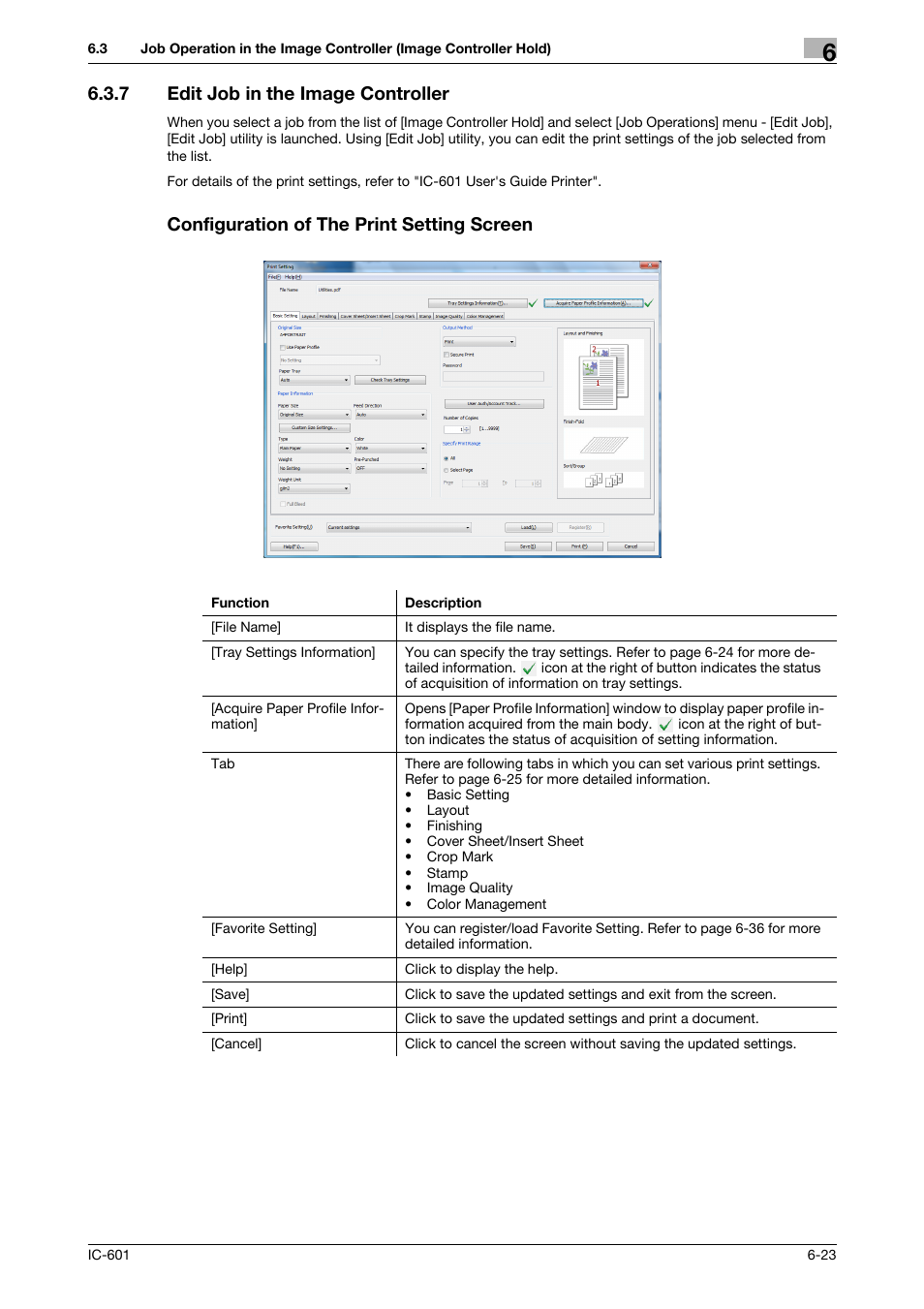 7 edit job in the image controller, Configuration of the print setting screen | Konica Minolta bizhub PRESS C7000P User Manual | Page 61 / 105