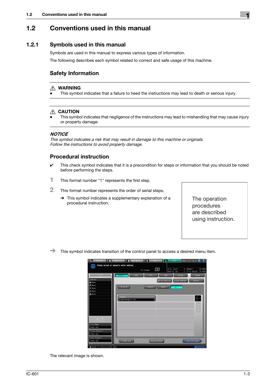 2 conventions used in this manual, 1 symbols used in this manual, Safety information | Procedural instruction, Conventions used in this manual -3 | Konica Minolta bizhub PRESS C7000P User Manual | Page 7 / 105