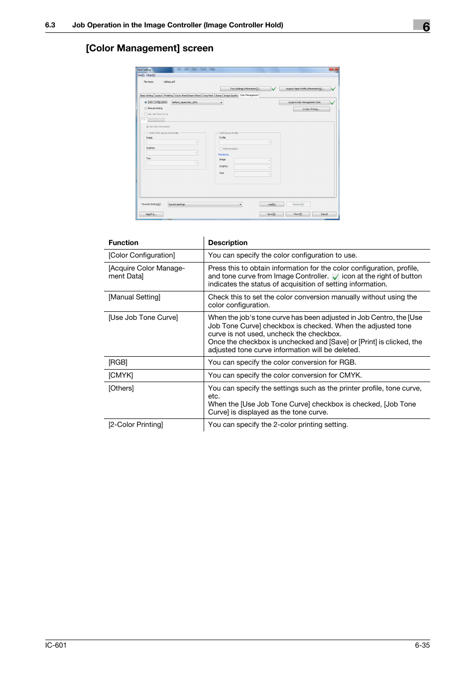Color management] screen, Color management] screen -35 | Konica Minolta bizhub PRESS C7000P User Manual | Page 73 / 105