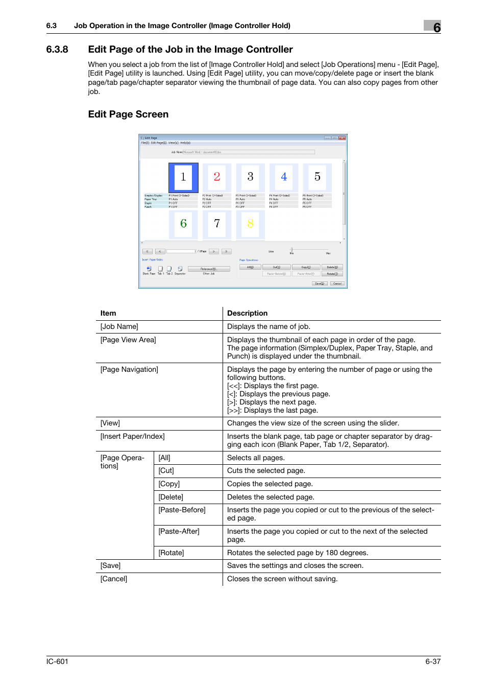 8 edit page of the job in the image controller, Edit page screen | Konica Minolta bizhub PRESS C7000P User Manual | Page 75 / 105