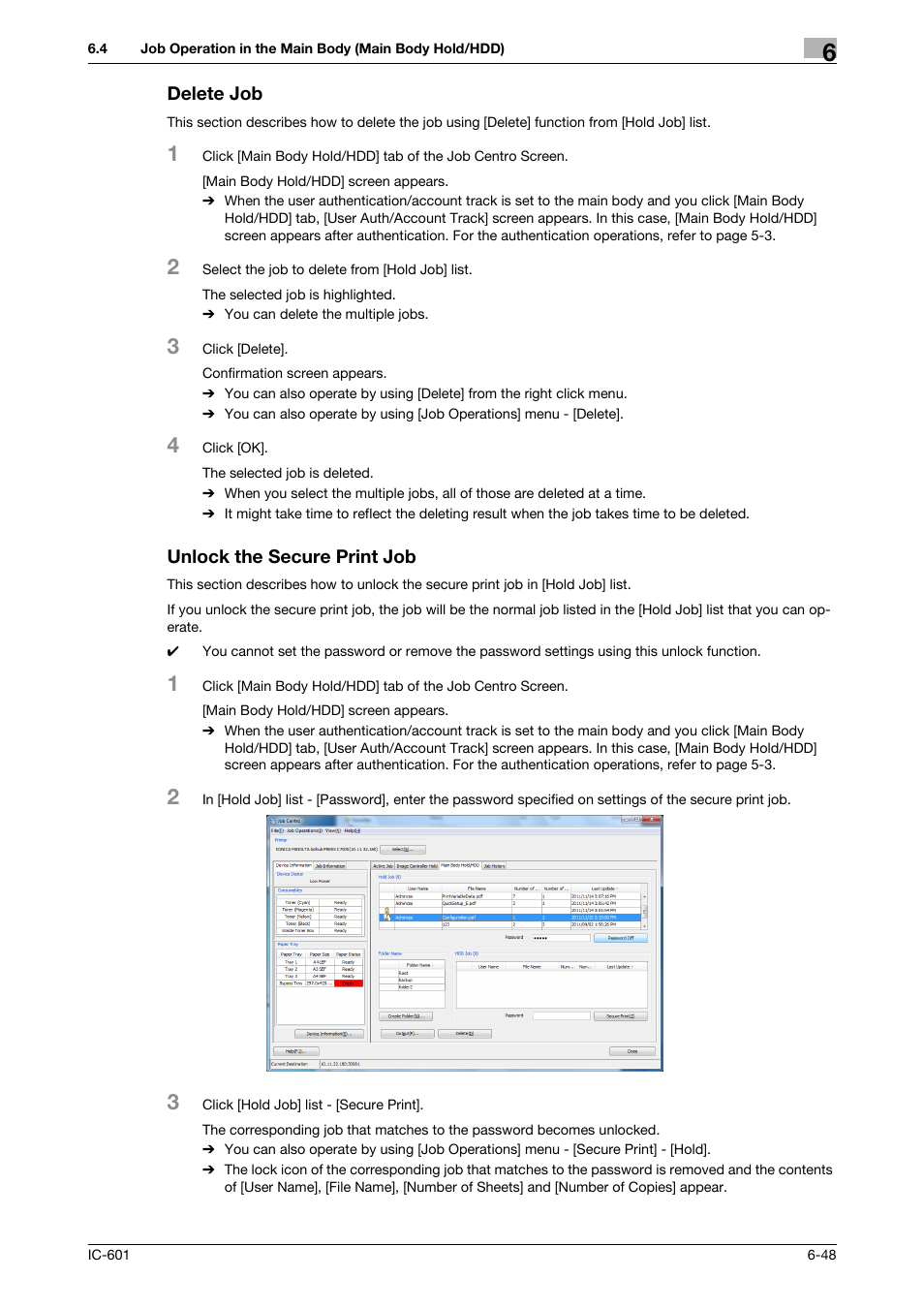 Delete job, Unlock the secure print job, Delete job -48 unlock the secure print job -48 | Konica Minolta bizhub PRESS C7000P User Manual | Page 86 / 105