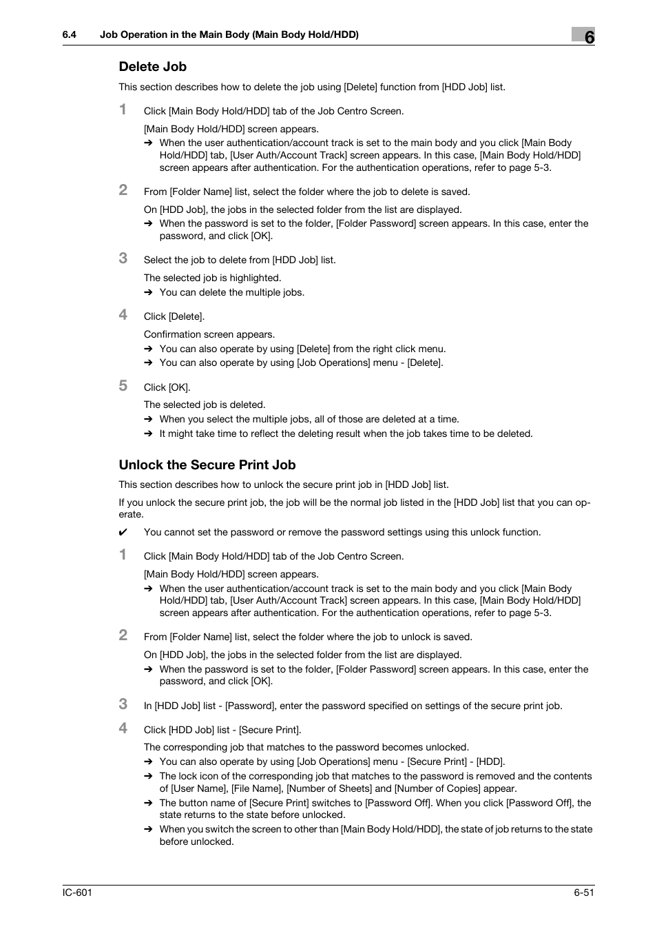 Delete job, Unlock the secure print job, Delete job -51 unlock the secure print job -51 | Konica Minolta bizhub PRESS C7000P User Manual | Page 89 / 105