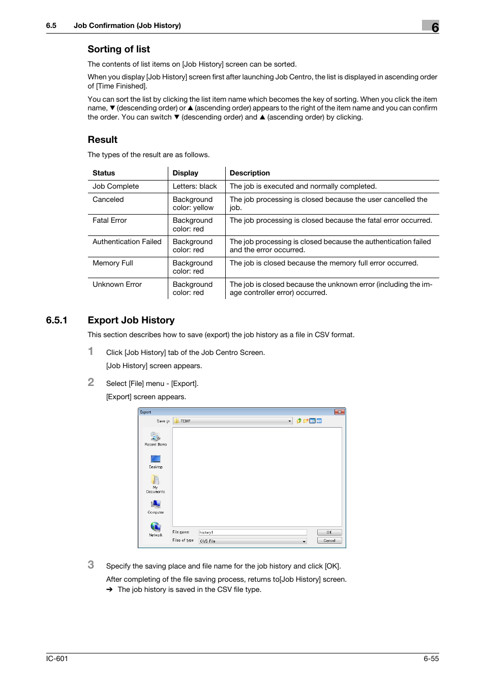 Sorting of list, Result, 1 export job history | Sorting of list -55 result -55, Export job history -55 | Konica Minolta bizhub PRESS C7000P User Manual | Page 93 / 105