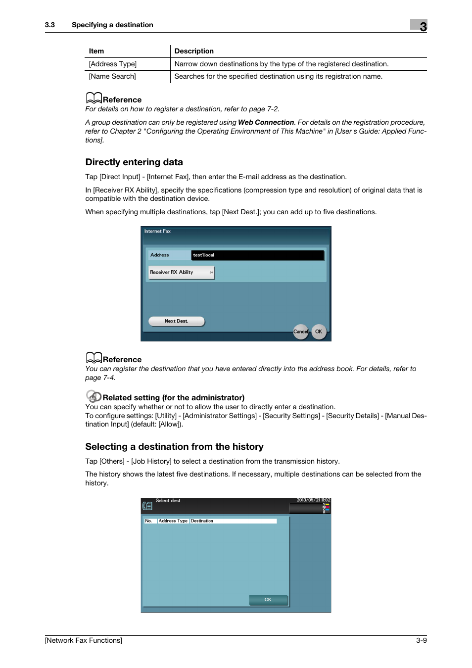 Directly entering data, Selecting a destination from the history | Konica Minolta bizhub C3350 User Manual | Page 18 / 42