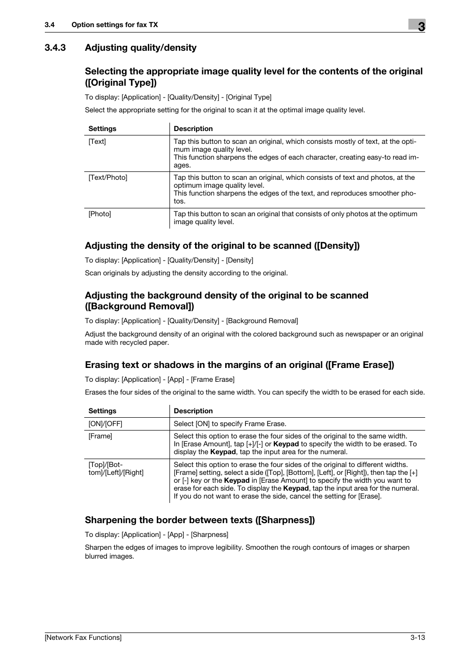 3 adjusting quality/density, Sharpening the border between texts ([sharpness]) | Konica Minolta bizhub C3350 User Manual | Page 22 / 42