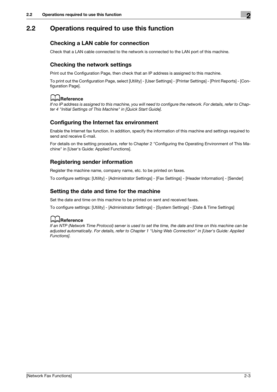 2 operations required to use this function, Checking a lan cable for connection, Checking the network settings | Configuring the internet fax environment, Registering sender information, Setting the date and time for the machine | Konica Minolta bizhub C3350 User Manual | Page 8 / 42