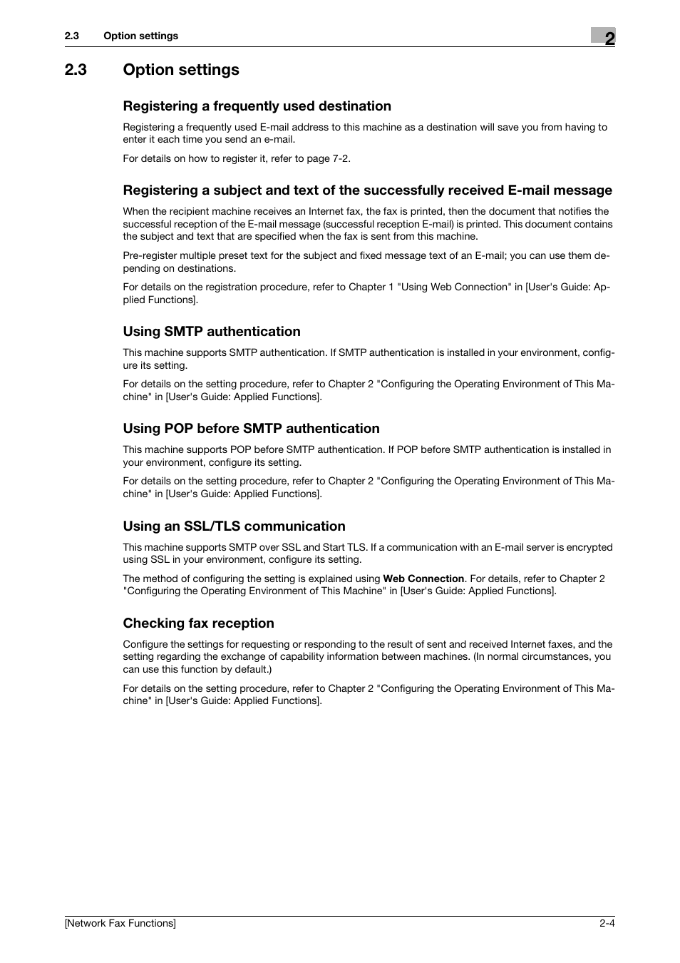 3 option settings, Registering a frequently used destination, Using smtp authentication | Using pop before smtp authentication, Using an ssl/tls communication, Checking fax reception | Konica Minolta bizhub C3350 User Manual | Page 9 / 42