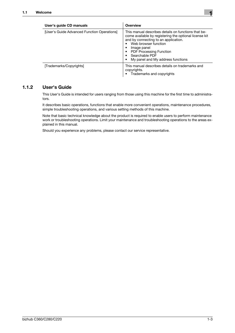 2 user's guide, User's guide -3 | Konica Minolta BIZHUB C360 User Manual | Page 10 / 285