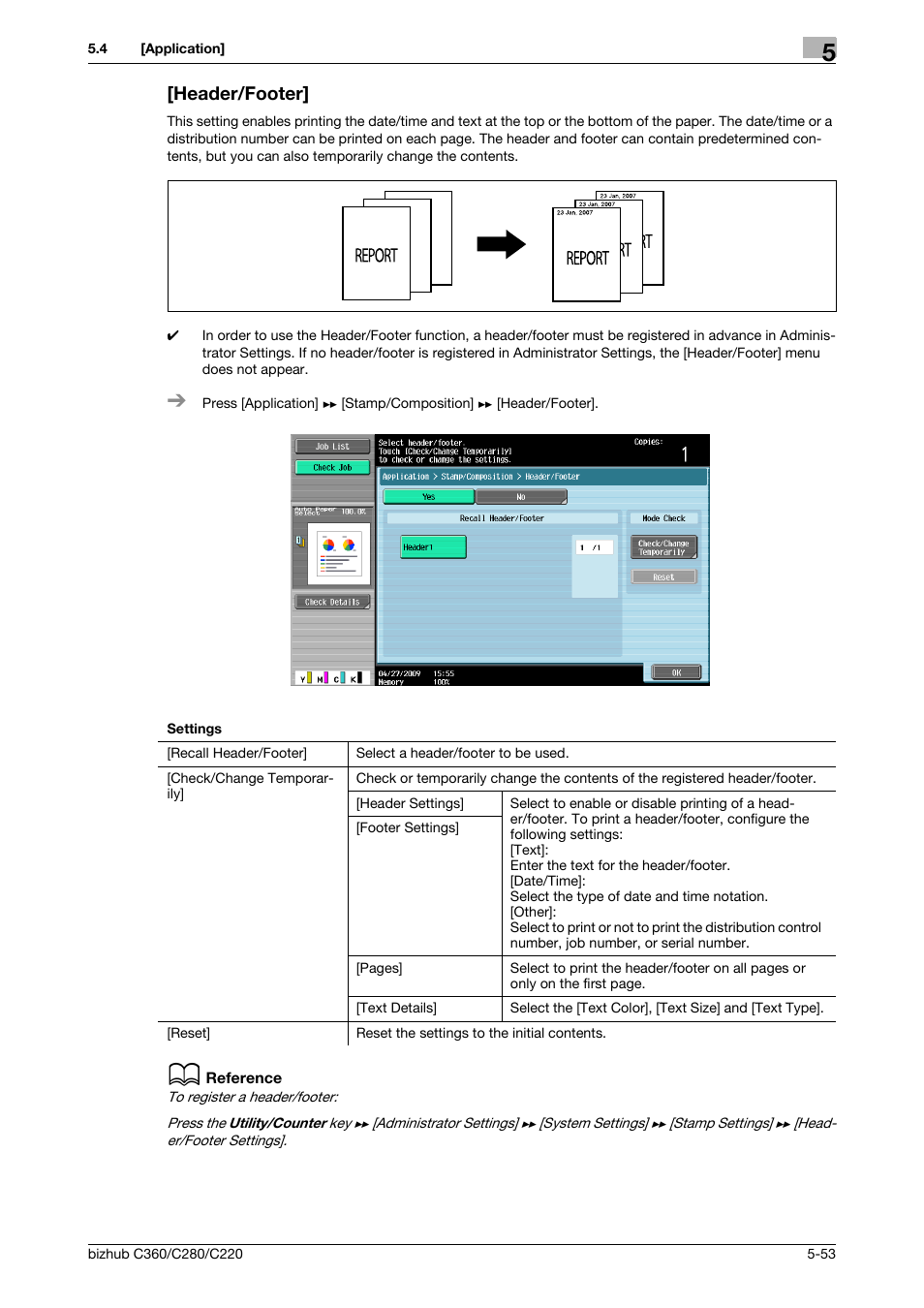 Header/footer, Header/footer] -53 | Konica Minolta BIZHUB C360 User Manual | Page 110 / 285