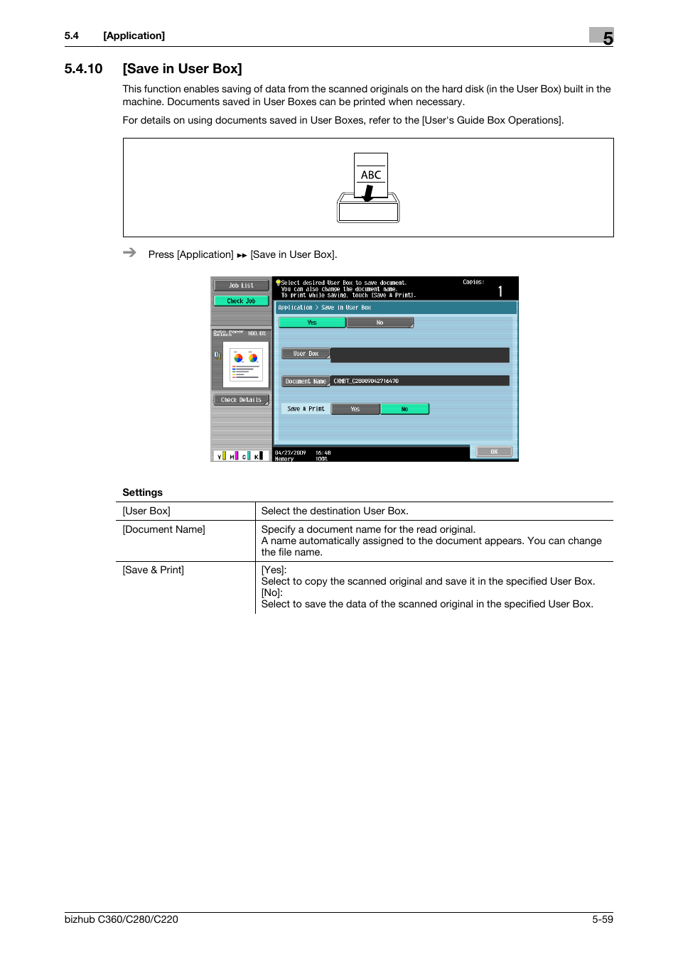 10 [save in user box, Save in user box] -59, P. 5-59 | Konica Minolta BIZHUB C360 User Manual | Page 116 / 285