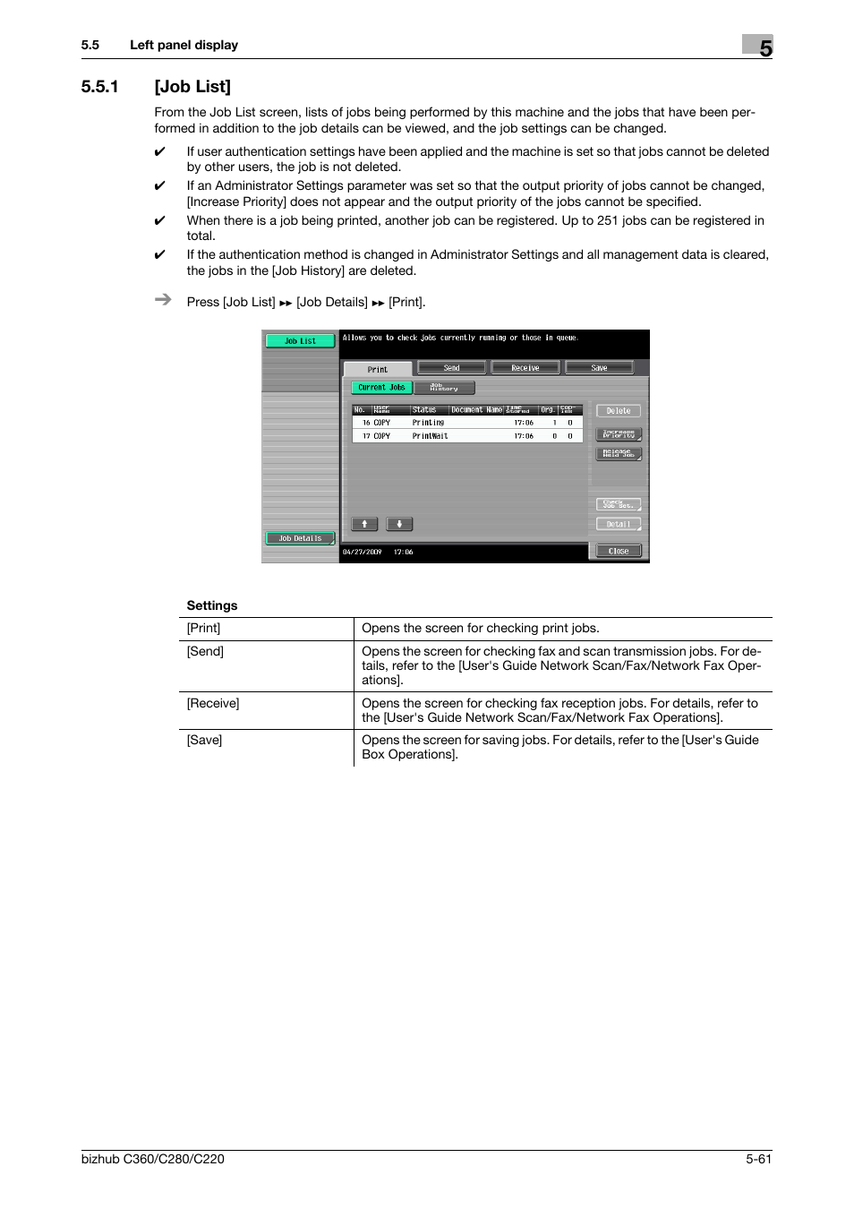 1 [job list, Job list] -61, P. 5-61 | Konica Minolta BIZHUB C360 User Manual | Page 118 / 285